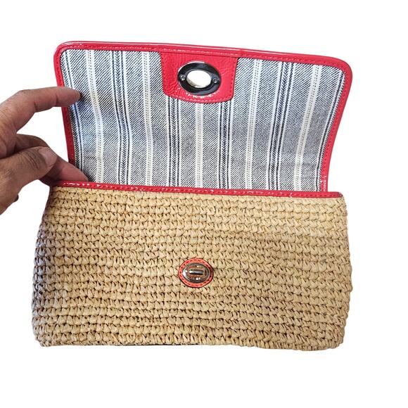 Coach Straw Rafia Flap Clutch Wristlet Natural/Tangerine - Picture 3 of 9